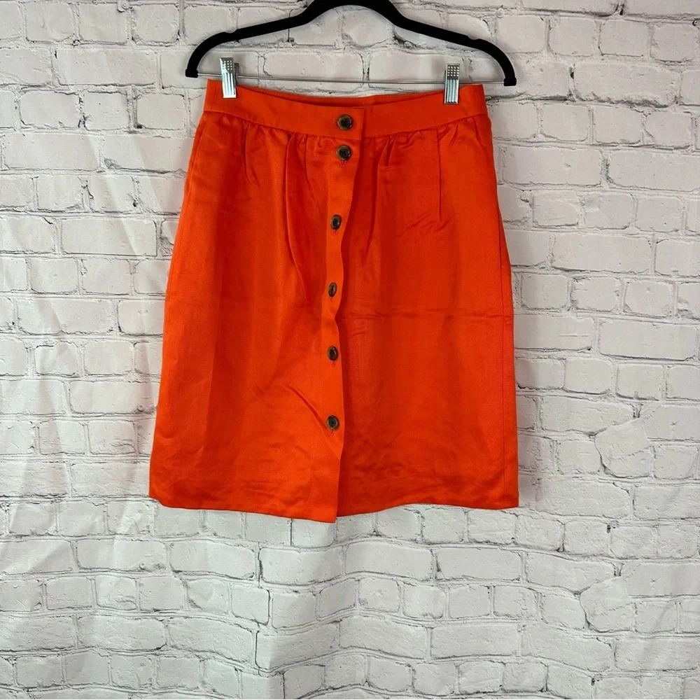 j. crew linen blend button front twill midi pencil skirt sz 4 bright orange